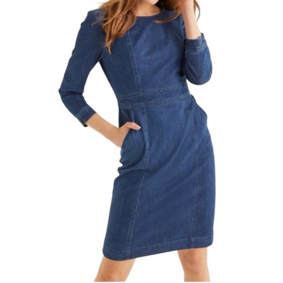 Boden Coraline Denim Sheath Dress ‘Mid Vintage’ Wash Blue Stretchy Careerwear - Picture 1 of 16